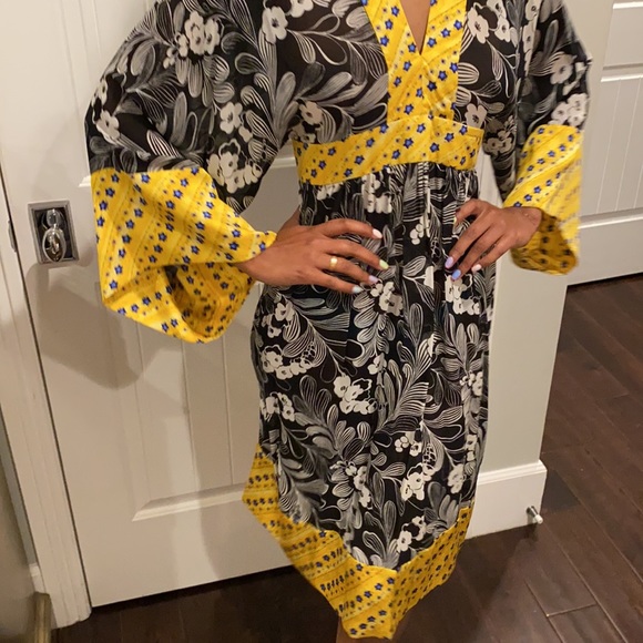 Designer Duro Olowu kimono yellow black print mix dress classic Duro rare dress - Picture 3 of 6